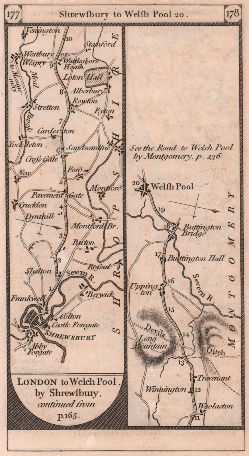 Shrewsbury - Westbury - Weslhpool road strip map PATERSON 1803 old antique